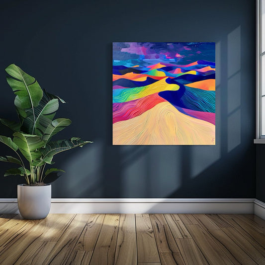 Surreal abstract desert art print with flowing rainbow-colored sand dunes under a night sky.
