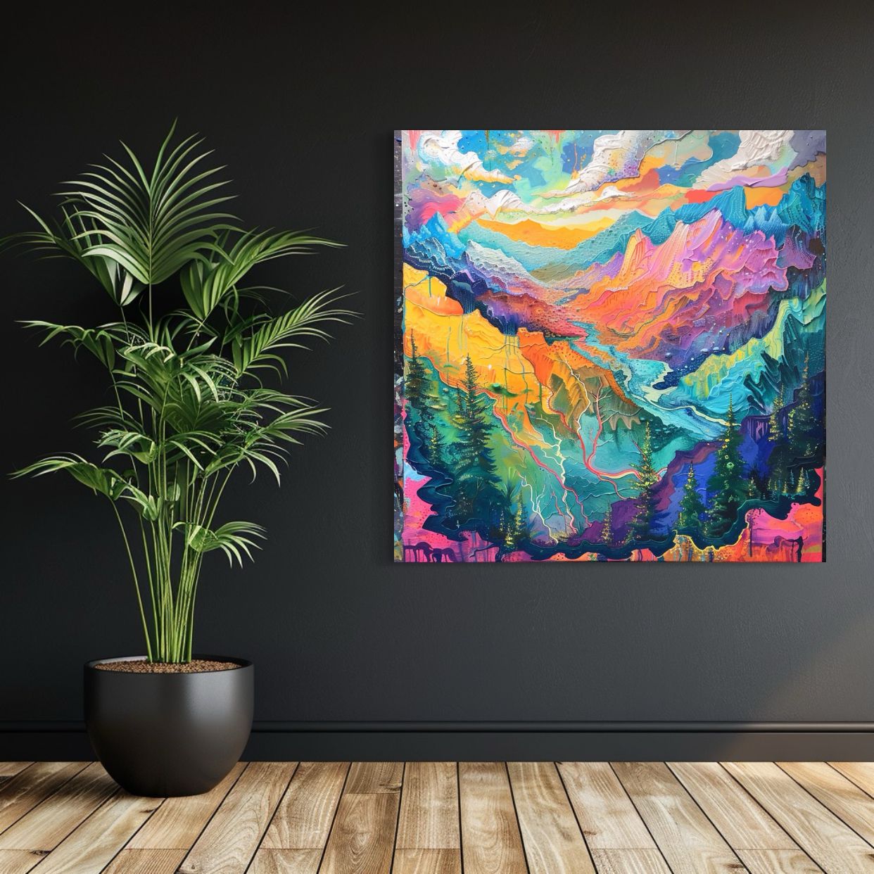 Abstract art of vivid rainbow-colored mountains and a flowing valley river under a dreamy sky.