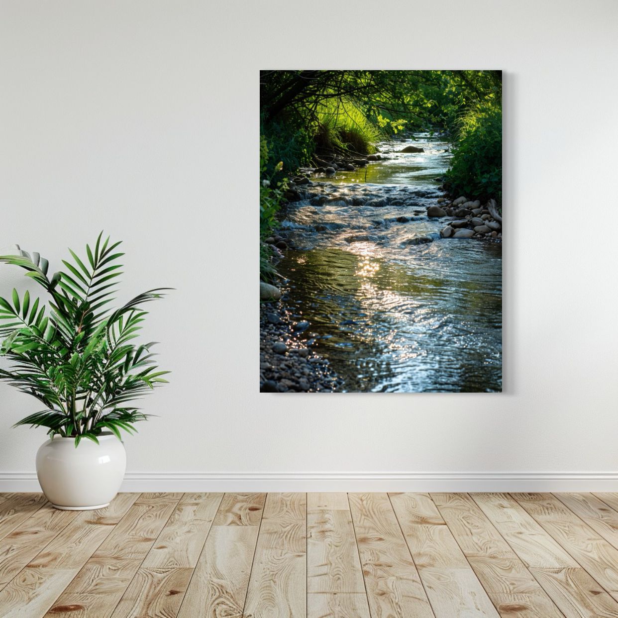 AI art of a shallow forest stream with light reflecting on water between greenery.