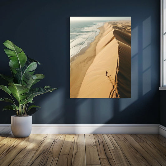 AI art of a sandboarder descending tall coastal dunes by the ocean.