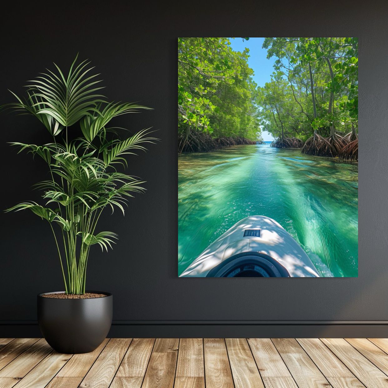 POV AI image of a jet ski moving through clear green water between mangrove trees.