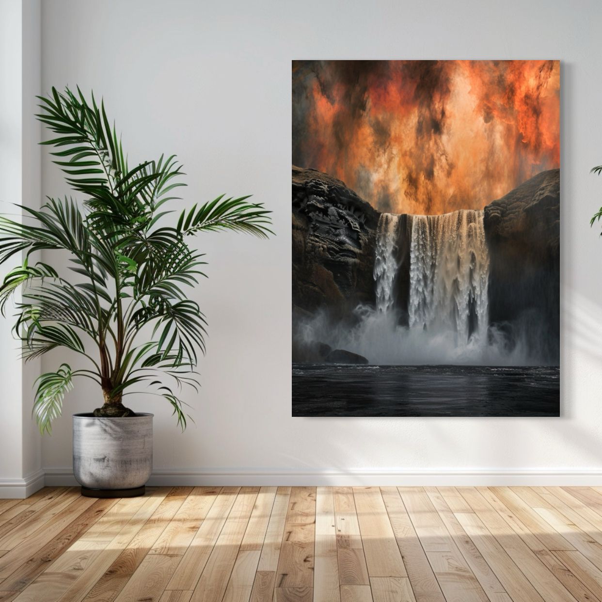 AI-generated surreal image of a waterfall with fire and smoke in a dramatic landscape.