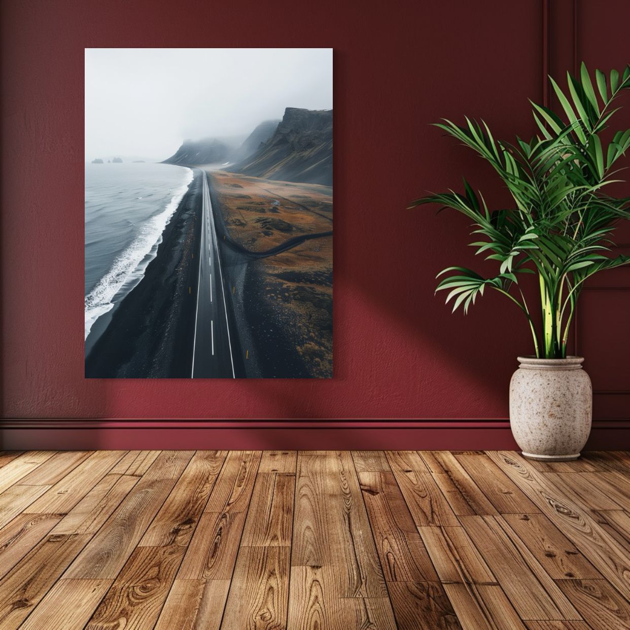 AI art of a long coastal road between foggy mountains and the ocean.