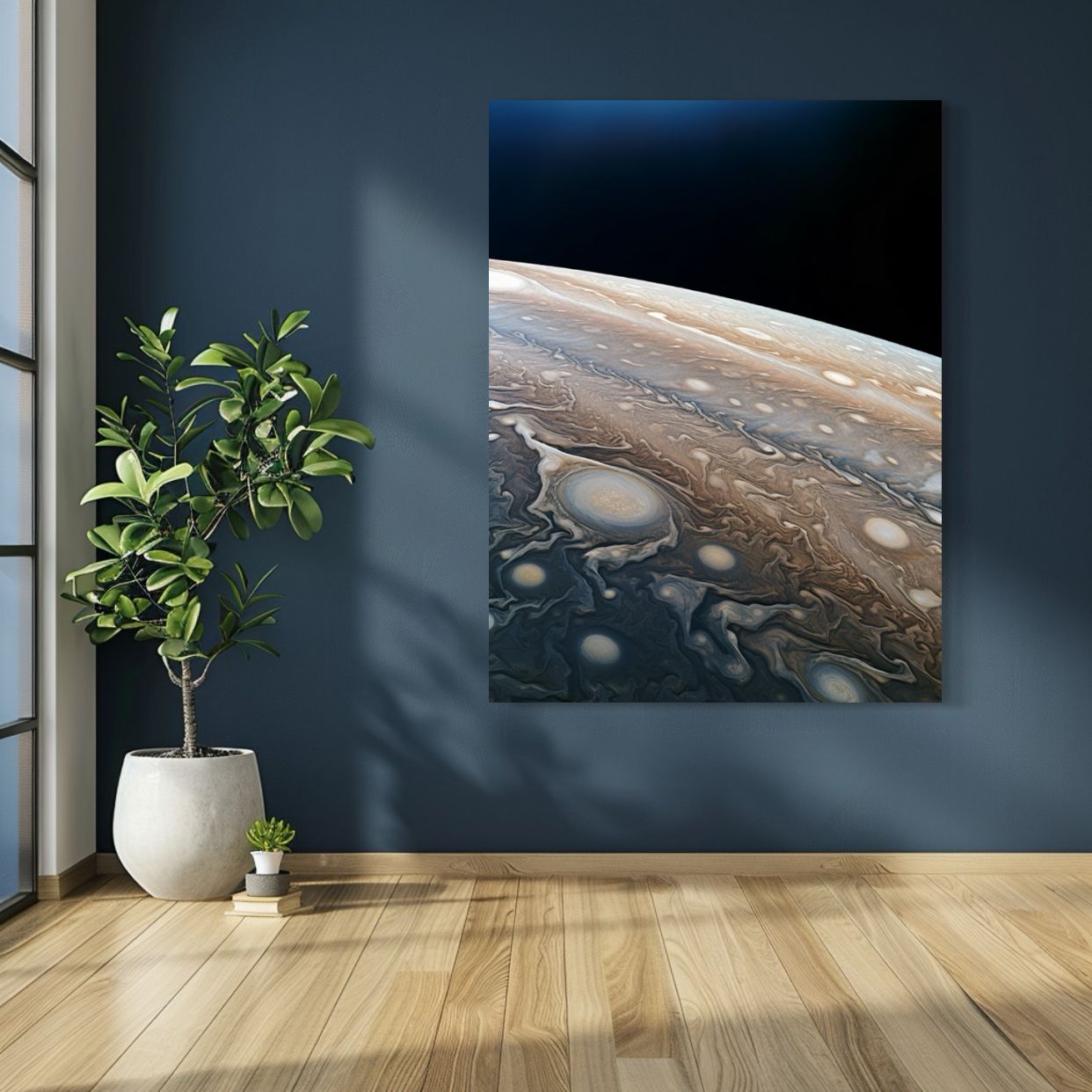 AI art of Jupiter’s swirling atmosphere seen from space, with colorful circular storms.