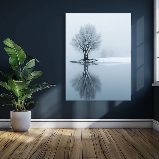 AI art of a bare tree reflected in a frozen lake on a misty winter day.