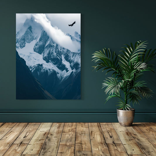 AI art of a bird flying across snow-covered mountains with clouds.