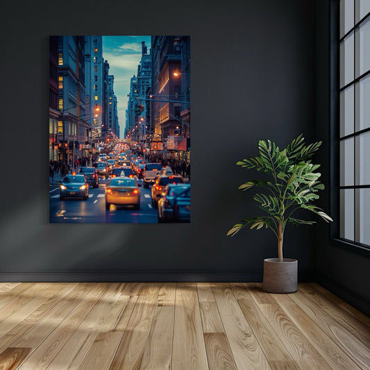 AI art of a crowded New York street with taxis and glowing buildings at dusk.