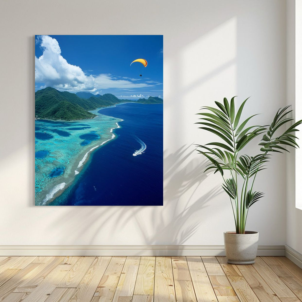 AI art of a paraglider flying over a tropical coral reef and lush island coast.