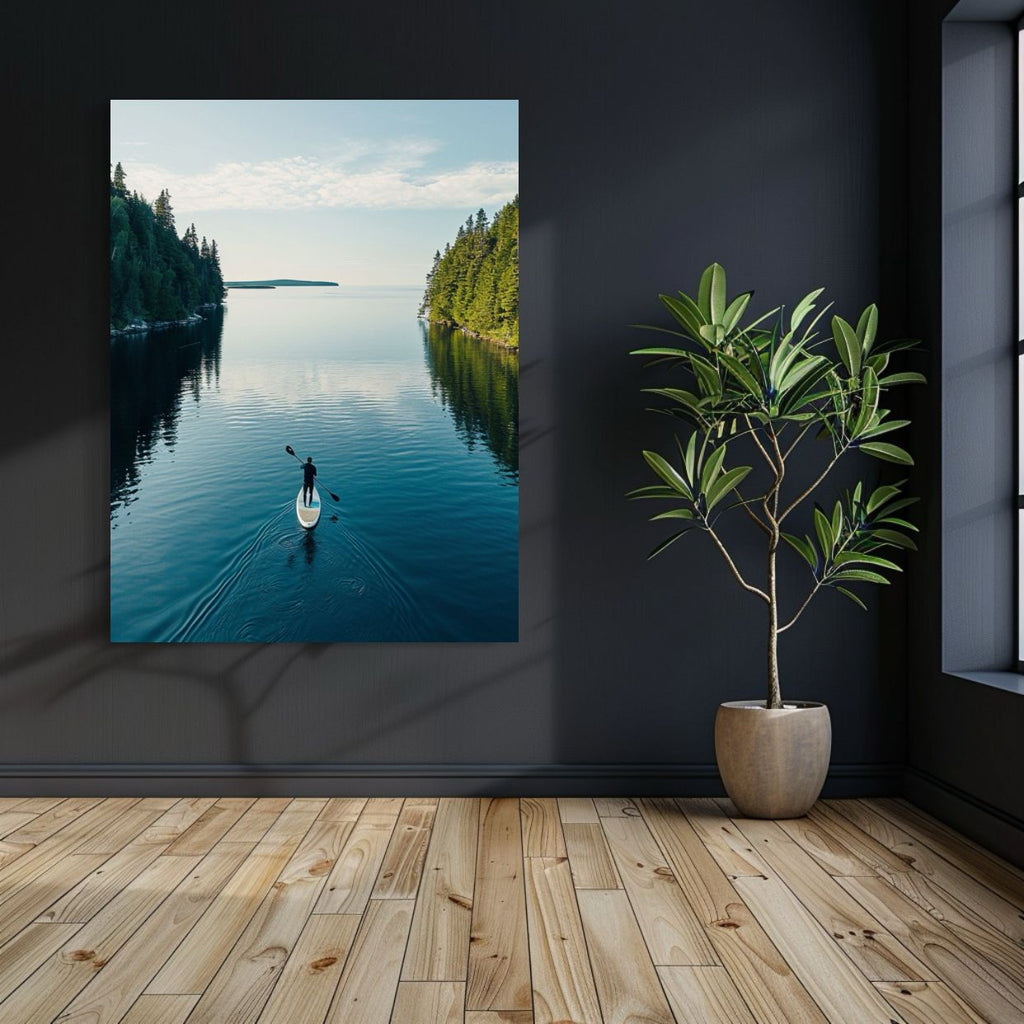 AI art of a paddleboarder on a calm lake surrounded by forested cliffs.