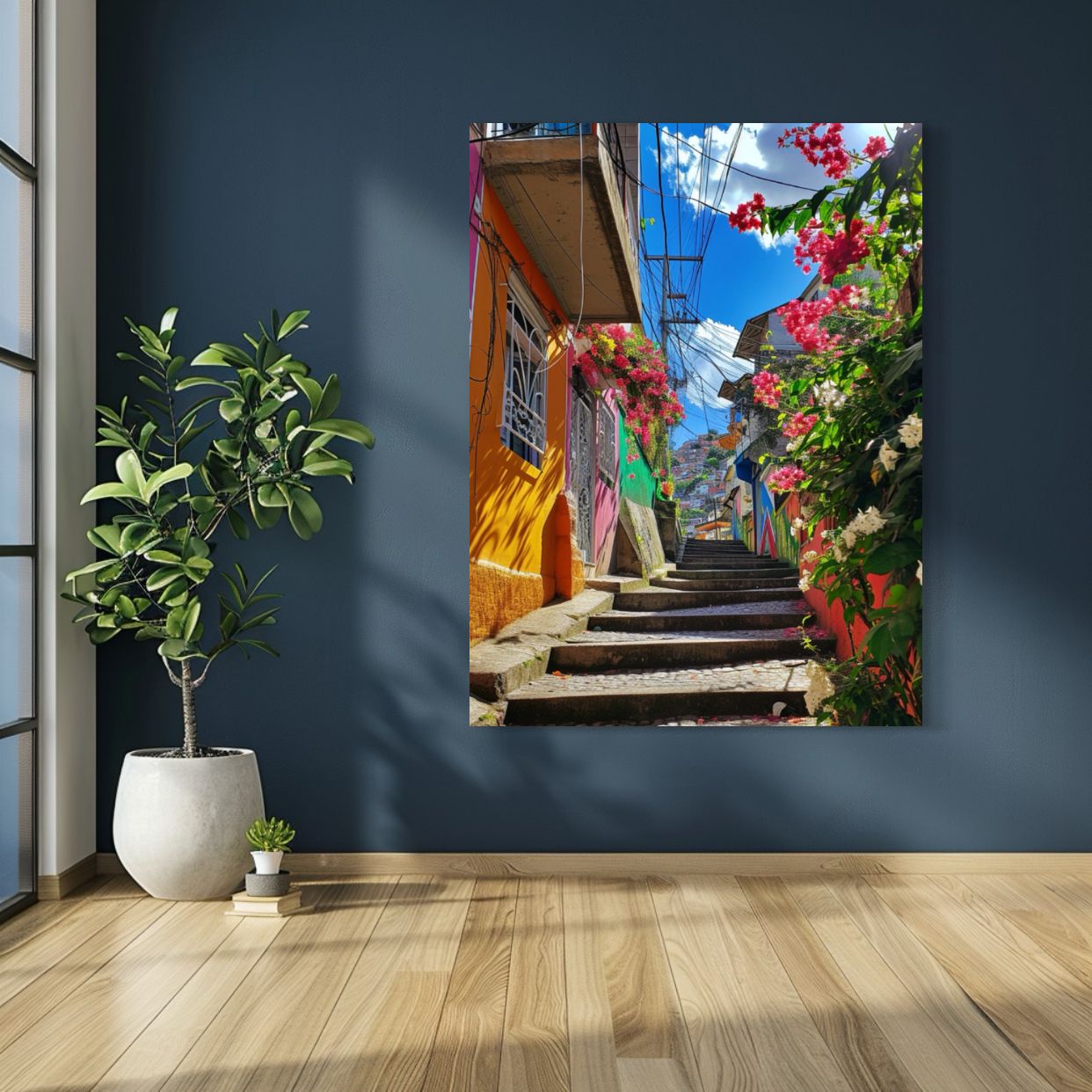 AI-generated image of a colorful hillside street lined with flowers and painted houses.