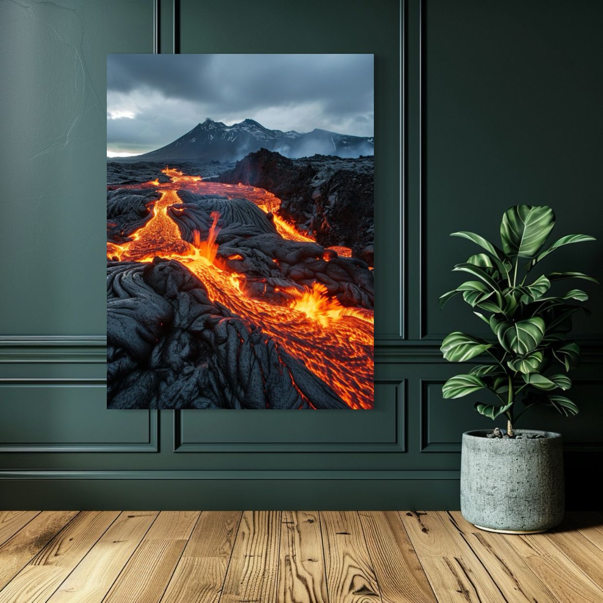 AI art of glowing red lava flowing through a black volcanic landscape under stormy skies.
