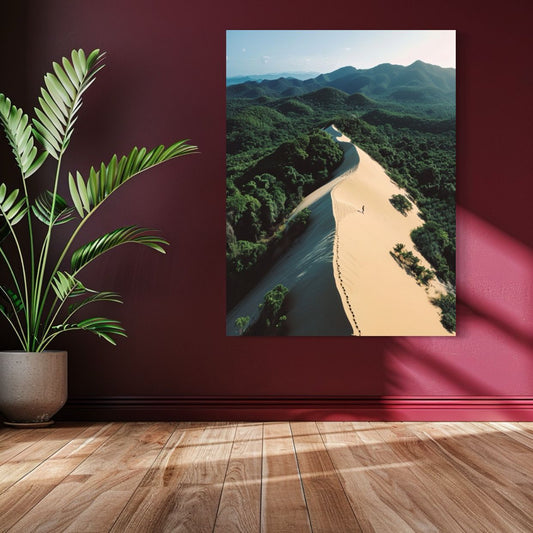 AI art of a person walking a sand dune surrounded by lush jungle-covered mountains.