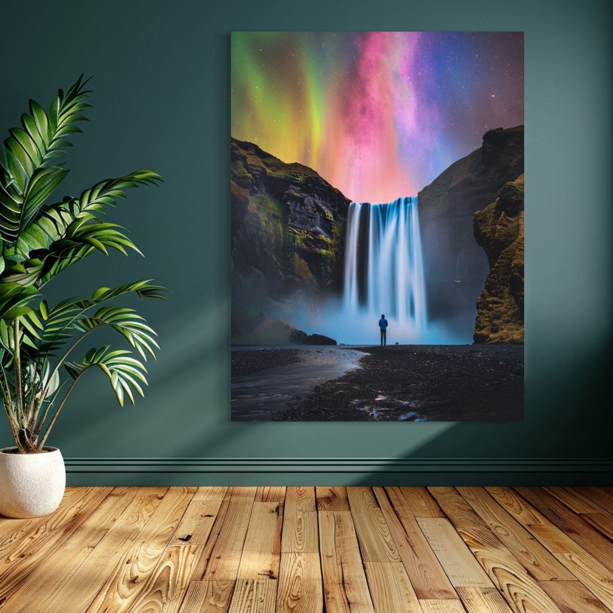 AI art of a person standing before a large waterfall under a vibrant aurora sky.