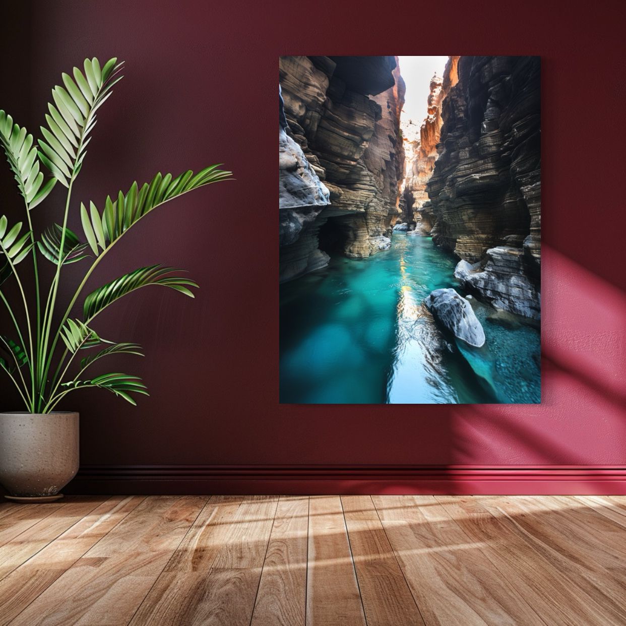 AI art of a narrow canyon with turquoise water flowing through rocky cliffs.