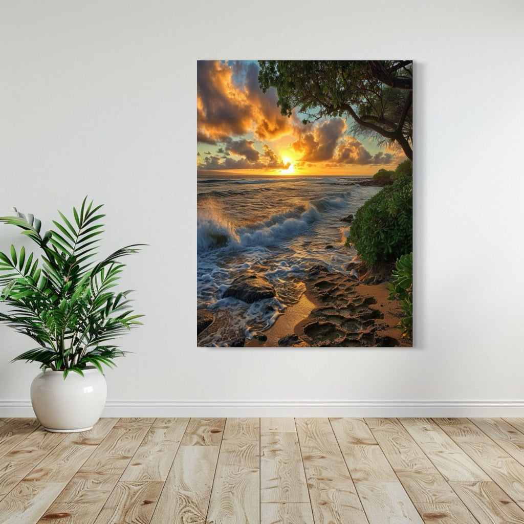 AI artwork of a tropical shoreline with crashing waves, golden sunset, and vibrant plants.