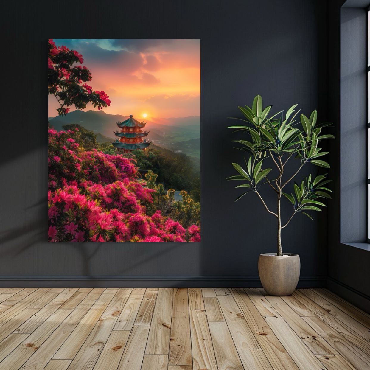 AI art of a traditional Asian temple at sunset surrounded by vivid pink flowers and mountains.