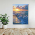 AI art of golden waves crashing on the beach under a sunrise sky with clouds.