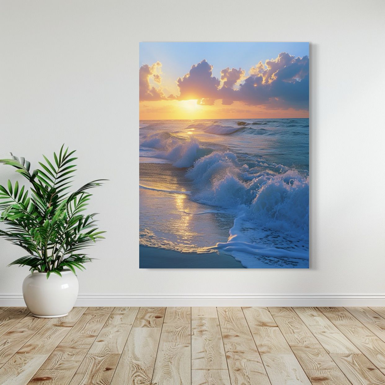 AI art of golden waves crashing on the beach under a sunrise sky with clouds.