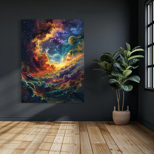 Retro-futuristic space artwork with vibrant planets, swirling cosmic skies, and stylized alien terrain.